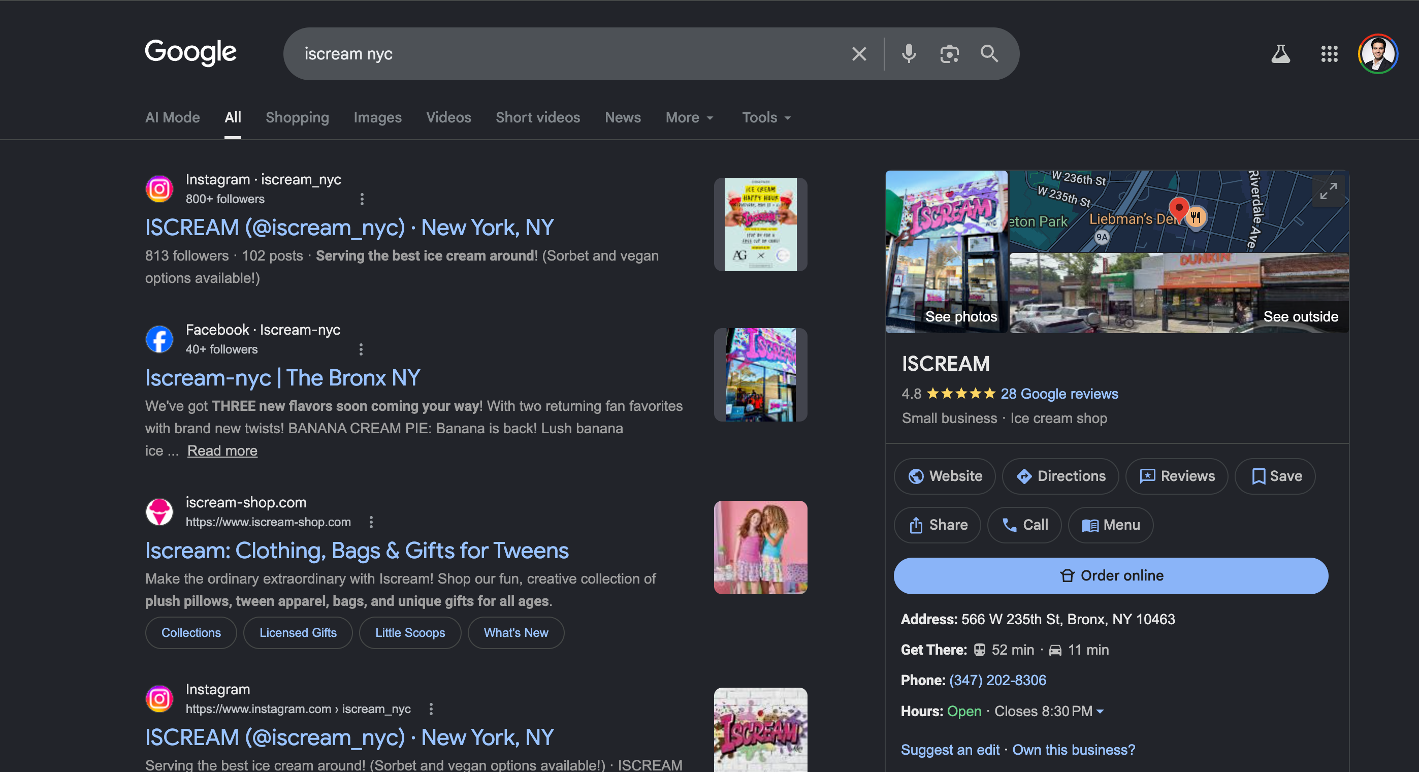 iScream.NYC Google search results — knowledge panel, top local listings, and 4.8-star reviews